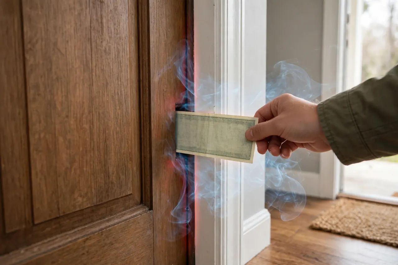 Dollar-bill test on a closed door, with cold blue air wisps and a red glow showing where the seal leaks