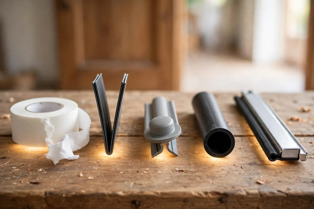 The five types of door weatherstripping in a row on a workbench: a roll of foam tape, a V-strip, a kerf-in bulb seal, a tubular rubber seal, and a metal door sweep