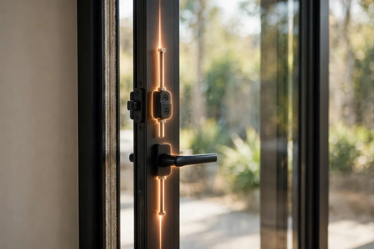 A compact double-bolt lock on a sliding door stile above the handle, its two bolts glowing as they pin the panel into the top and bottom frames
