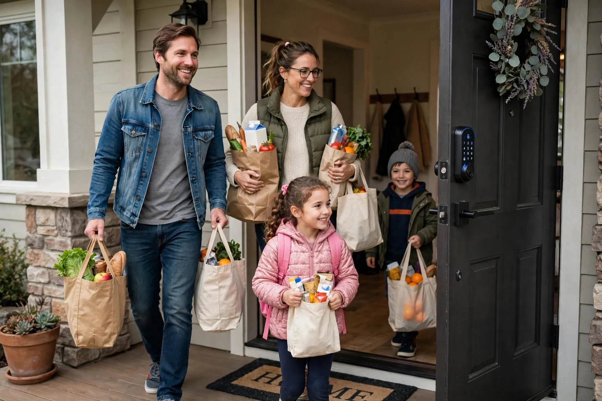 Family walking into their home through a keyless smart lock door