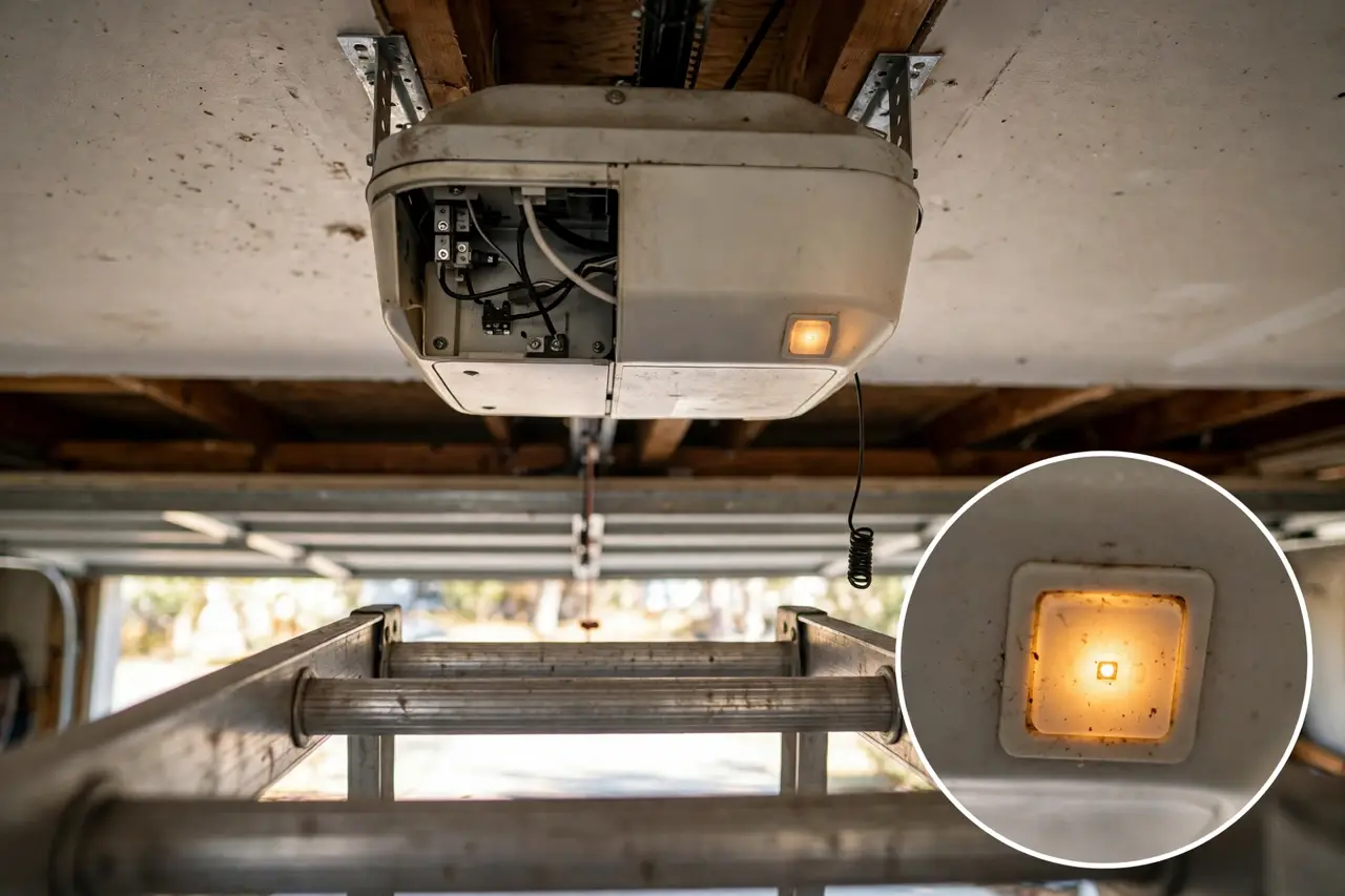 Looking up at a garage door opener motor unit with its small colored Learn button highlighted and shown in a magnified inset