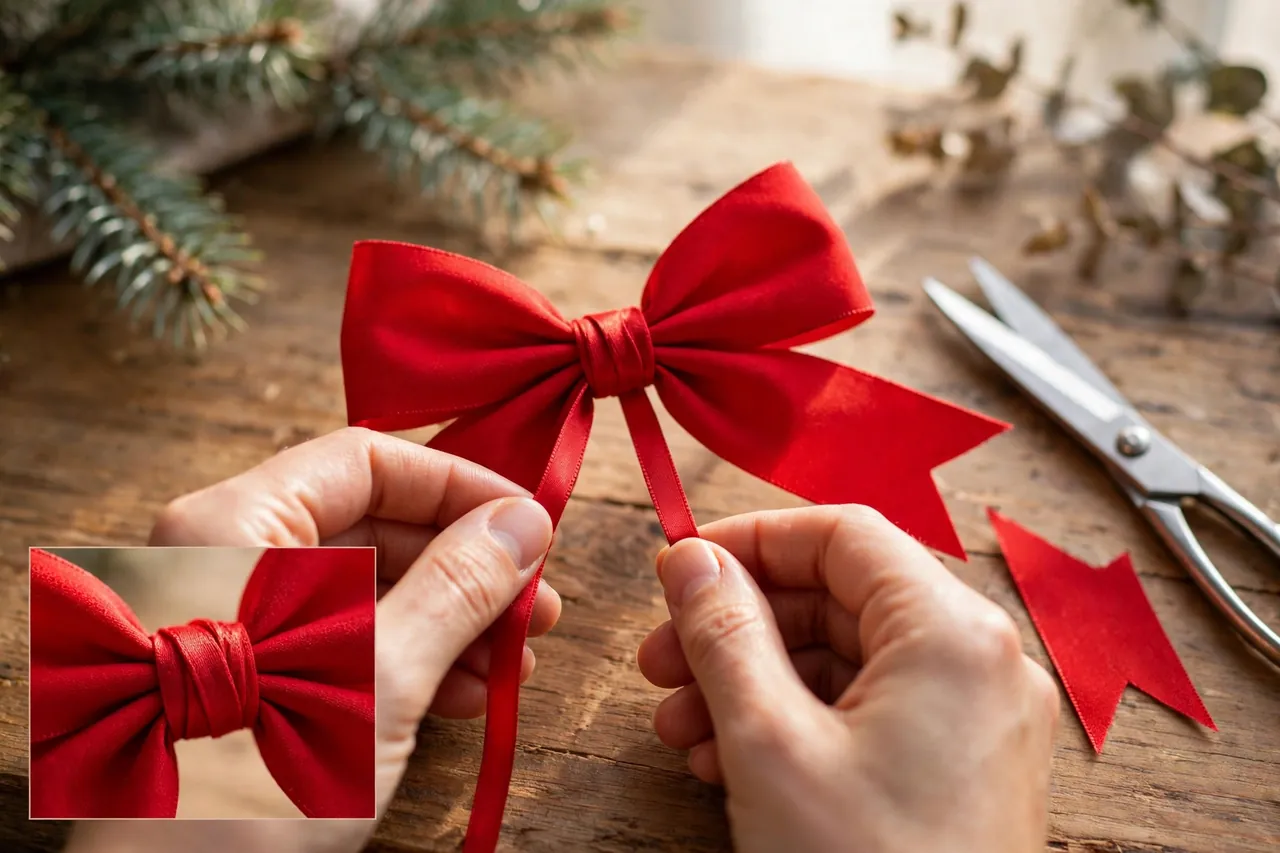 Two hands wrapping a narrow red ribbon strip around the center of a finished red bow beside scissors and V-cut tails