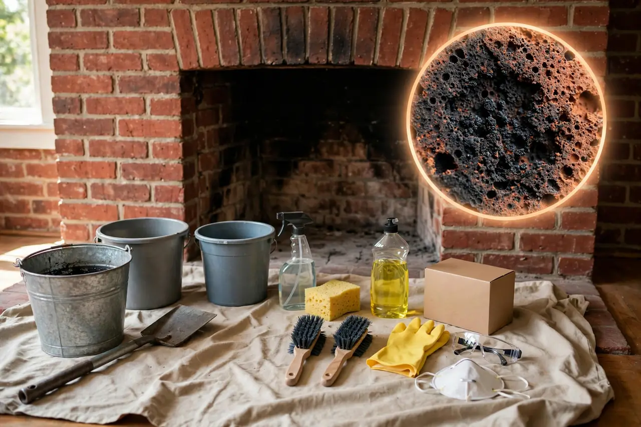 Fireplace cleaning tools and supplies laid out by a brick fireplace, with a magnified view showing soot packed deep into the pores of the brick
