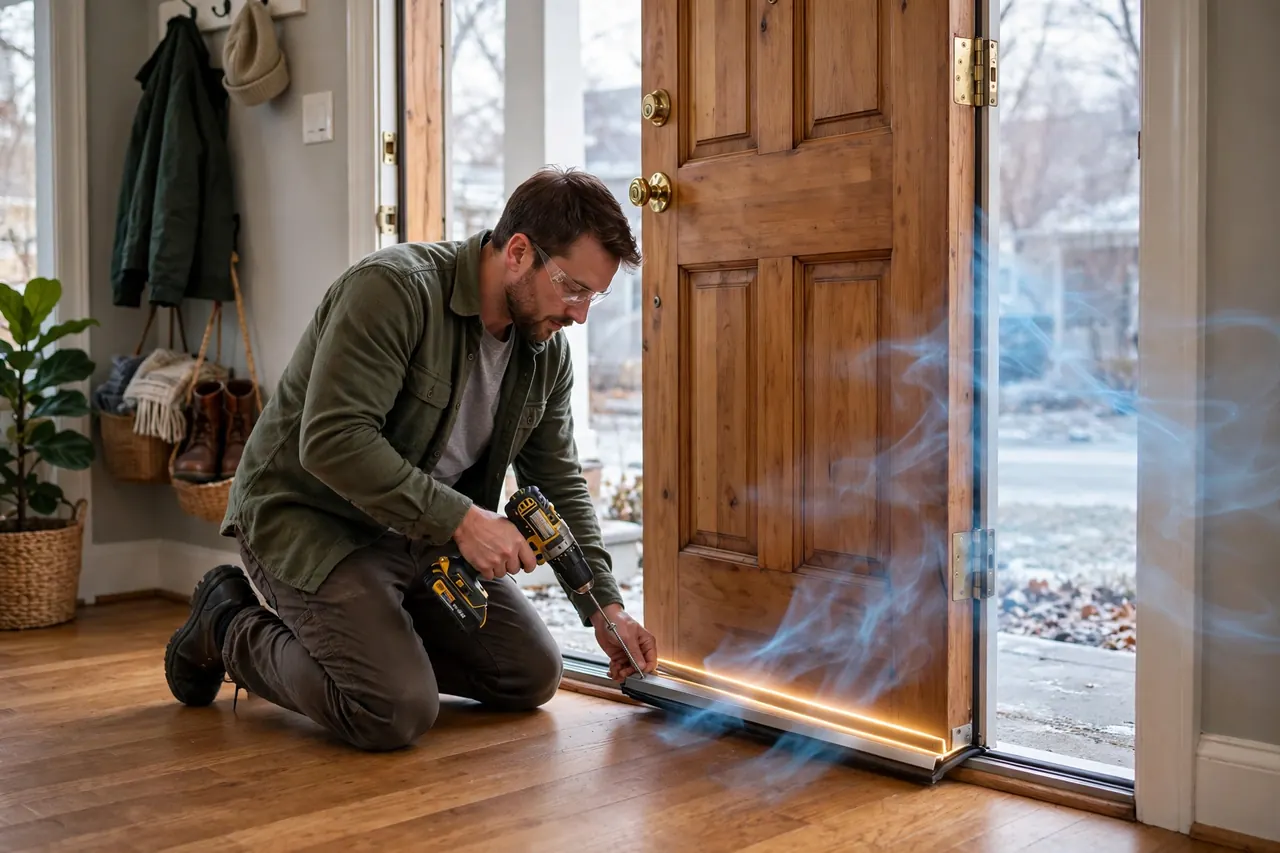 Fitting a door sweep with a drill while cold air wisps outside stop at the glowing seal line along the threshold