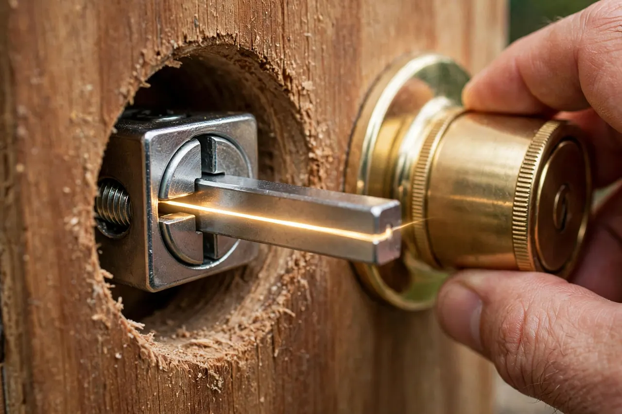 A deadbolt tailpiece bar passing through the bolt's slot, connecting the outside cylinder to the interior thumb turn