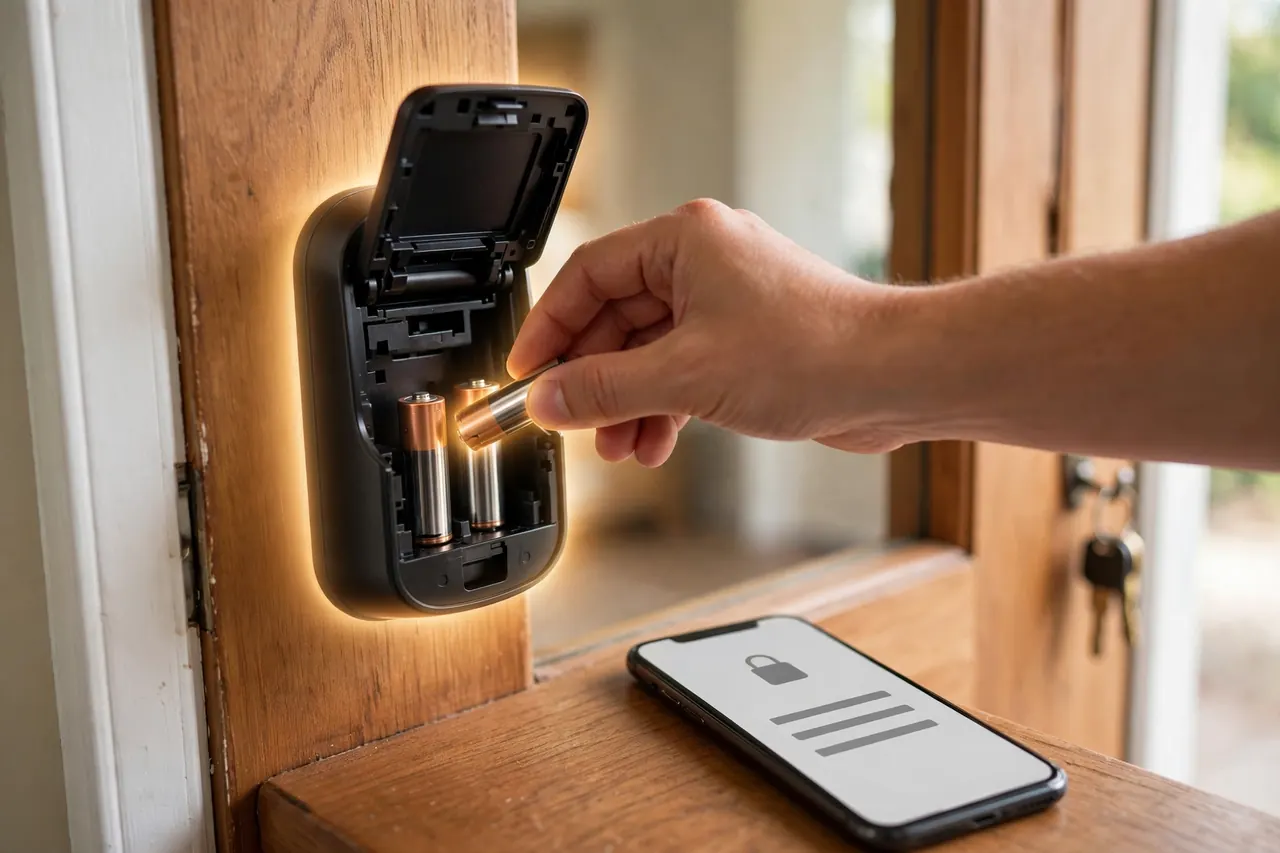 Fitting fresh AA batteries into a smart lock that showed offline in the app, the phone resting nearby