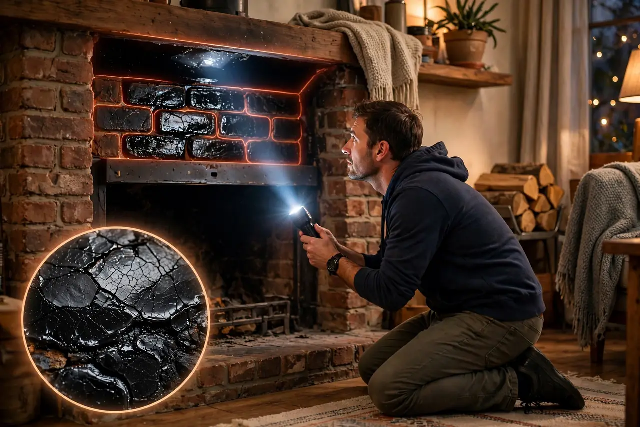 Homeowner shining a flashlight into a fireplace opening to check for shiny glazed creosote, with a magnified view of the glossy cracked glaze