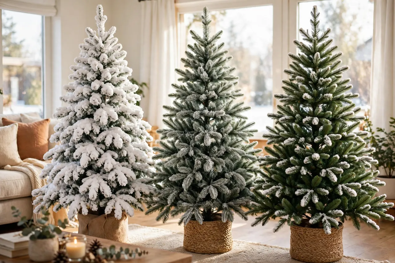 Three Christmas trees side by side: one heavily coated in thick white snow, one with a light frost dusting, one green with white only on the branch tips