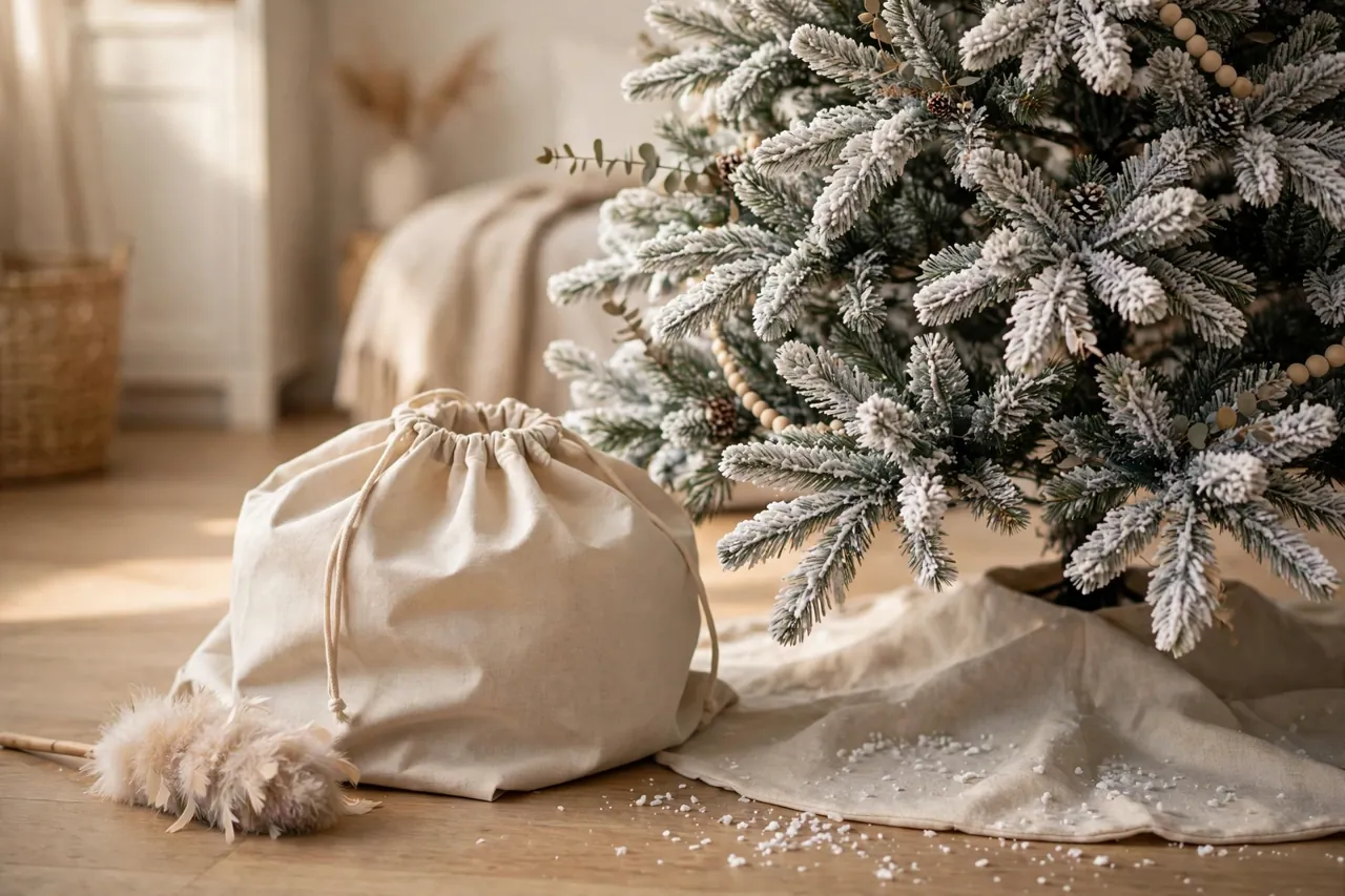 A flocked Christmas tree with a tree skirt lightly dusted with fallen flocking flakes, a feather duster and a fabric storage bag resting beside the tree