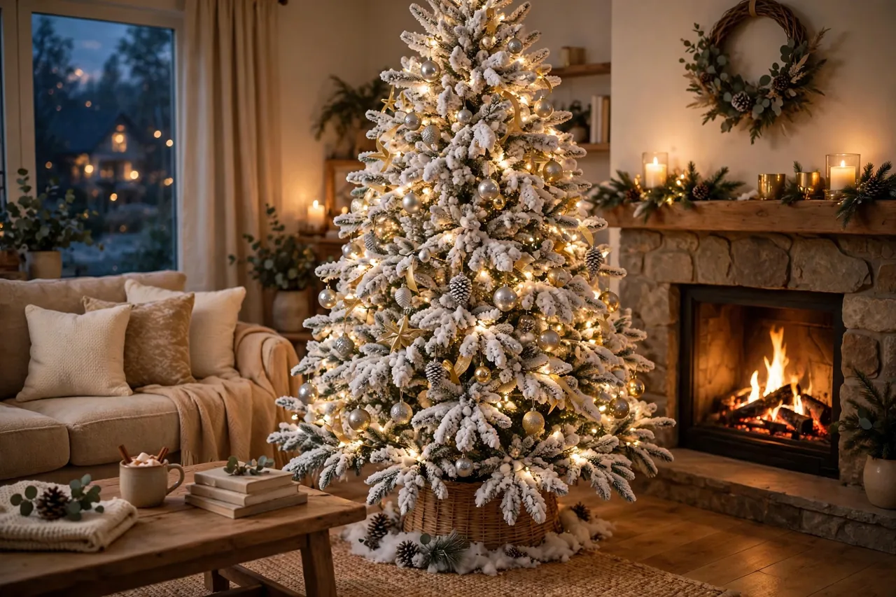 A cozy living room in the evening with a heavily flocked Christmas tree as a snowy centerpiece with restrained silver and gold ornaments and warm white lights