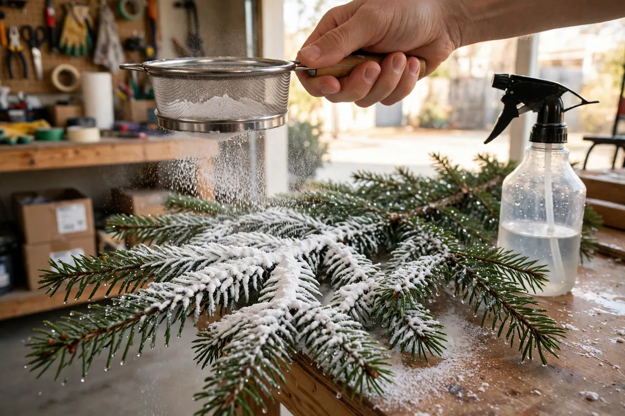A hand holding a kitchen sifter dusting white flocking powder over damp Christmas tree branches, with a spray bottle nearby