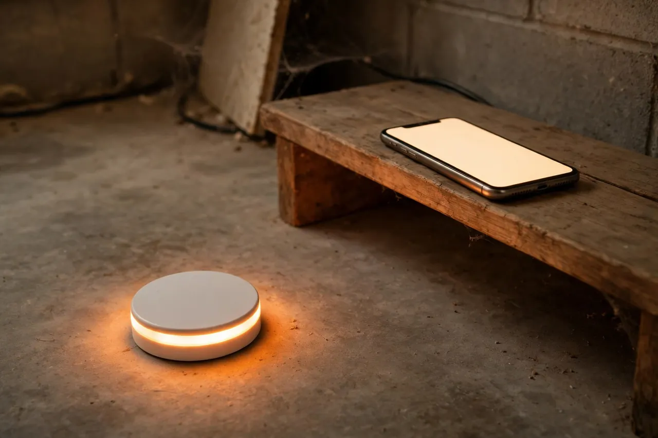 A small white flood sensor puck with a warm amber glowing ring on a basement floor, with a smartphone showing a blank glowing screen on a wooden bench nearby.