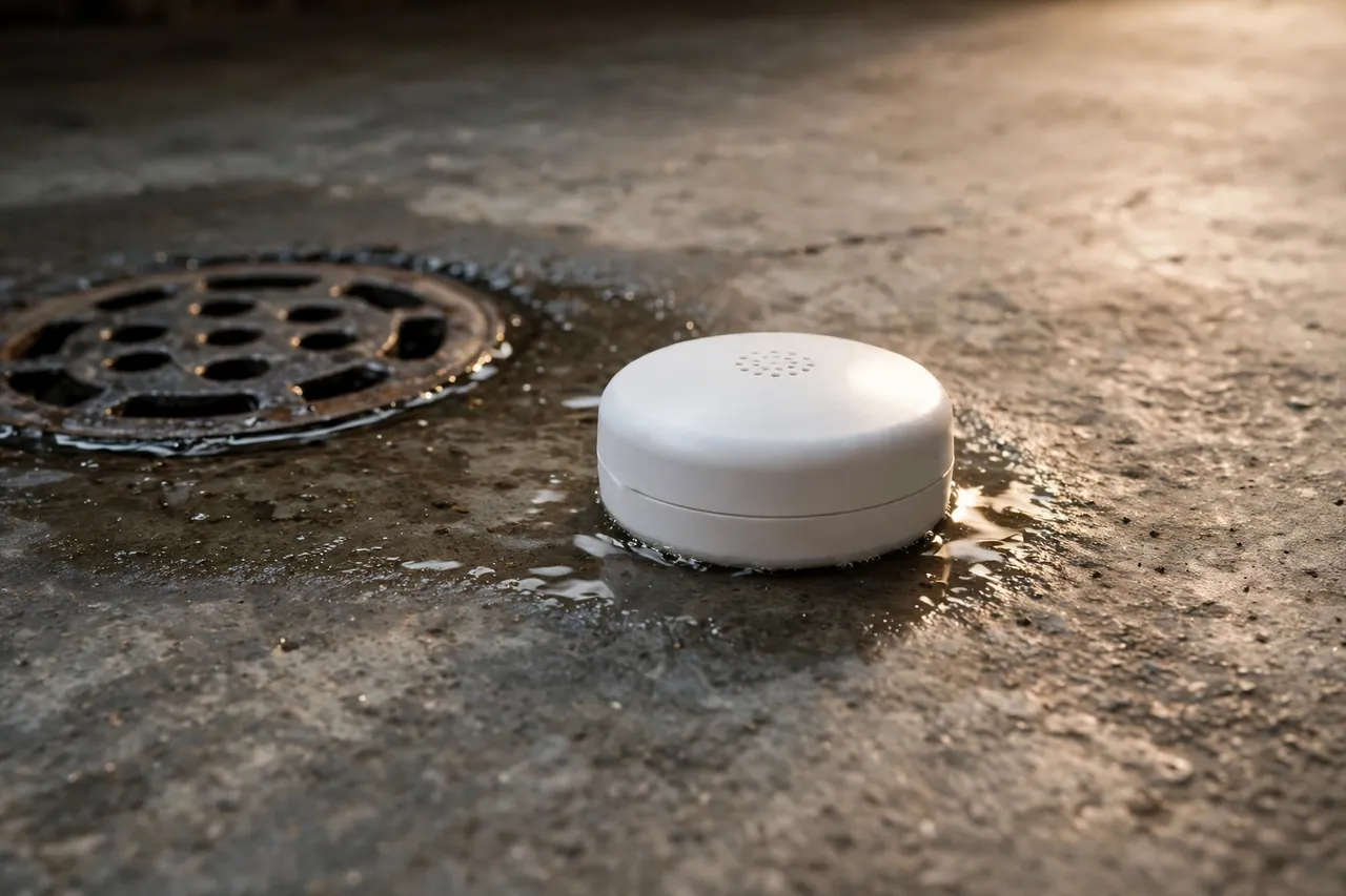 A small white flood sensor puck resting flat on a concrete basement floor near a floor drain, with a thin sheen of clean water touching its base.