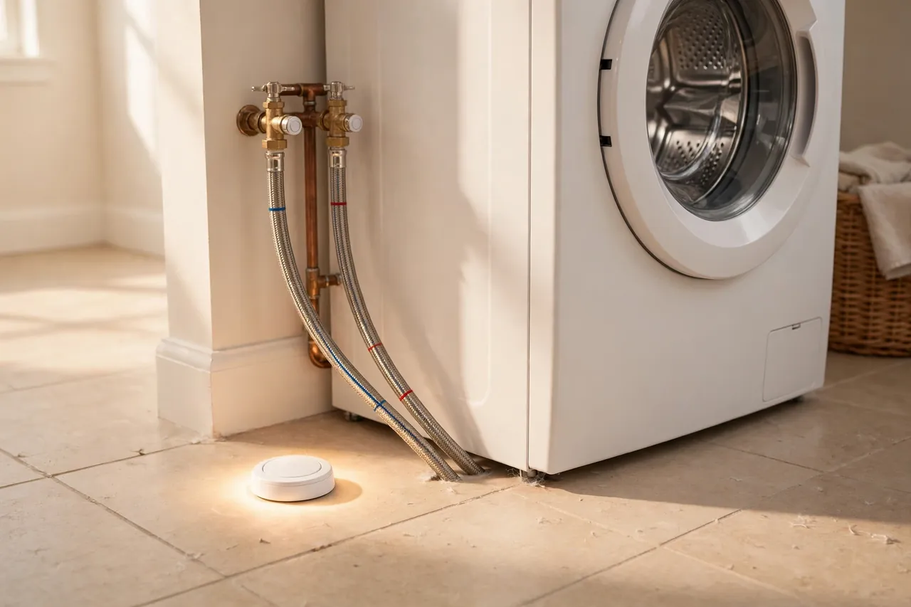 A small white flood sensor puck glowing on a laundry room tile floor beside a washing machine, near its water supply hose connections and valves.