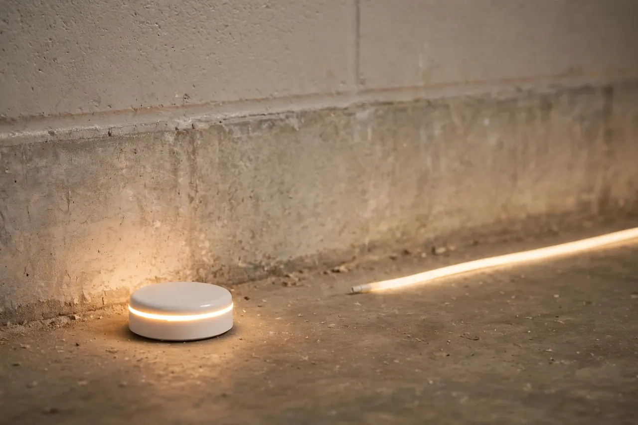A small white spot flood sensor puck with a glowing ring on a basement floor, with a thin white rope sensor cable running along the base of the wall beside it.