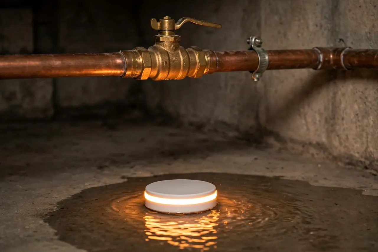 A brass water shutoff valve on a copper pipe softly lit above, with a tripped flood sensor puck glowing amber in a small puddle on the floor below.