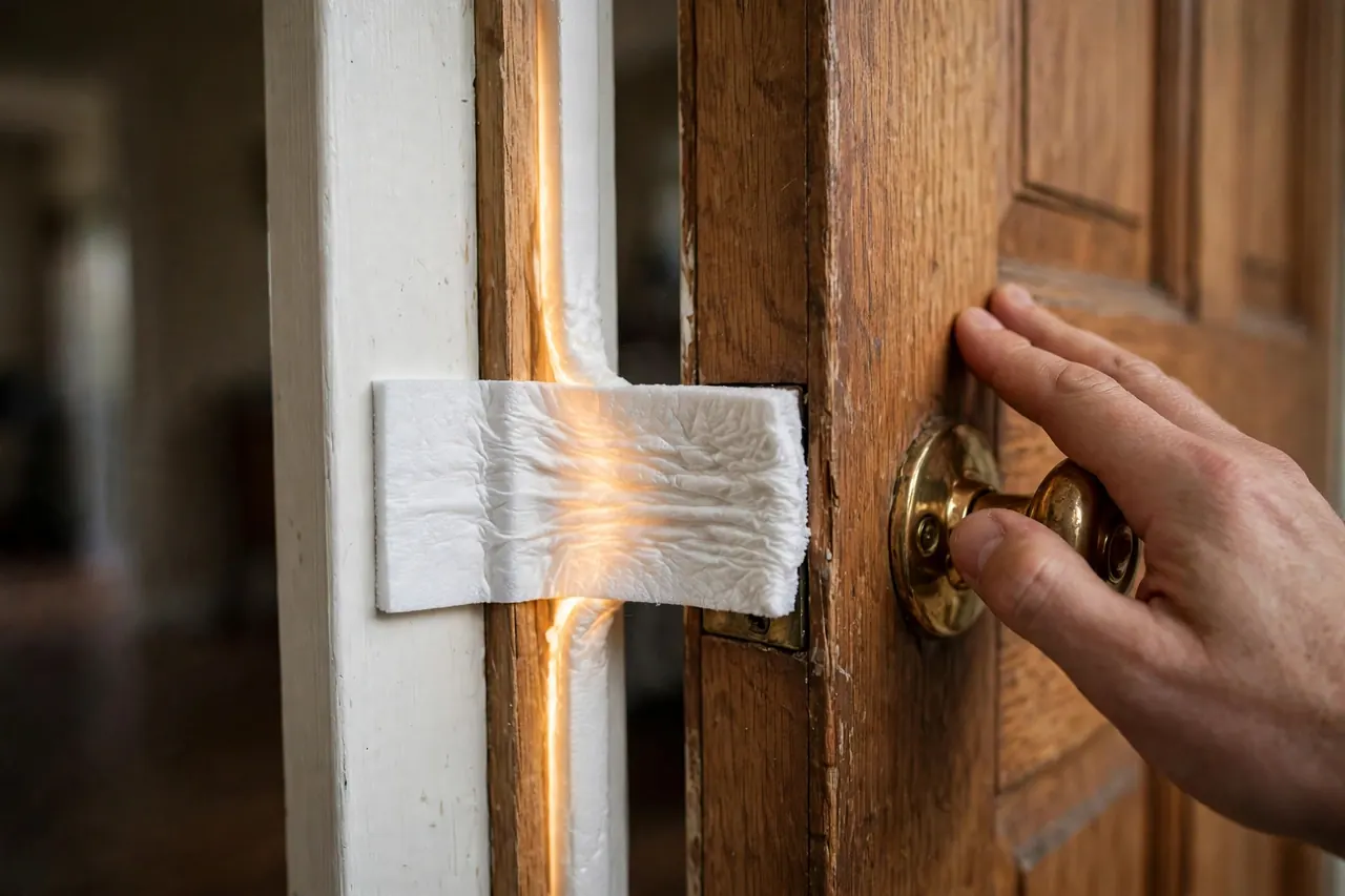 Door standing slightly ajar because an over-thick foam seal is squashed in the gap, with a glow marking the problem spot