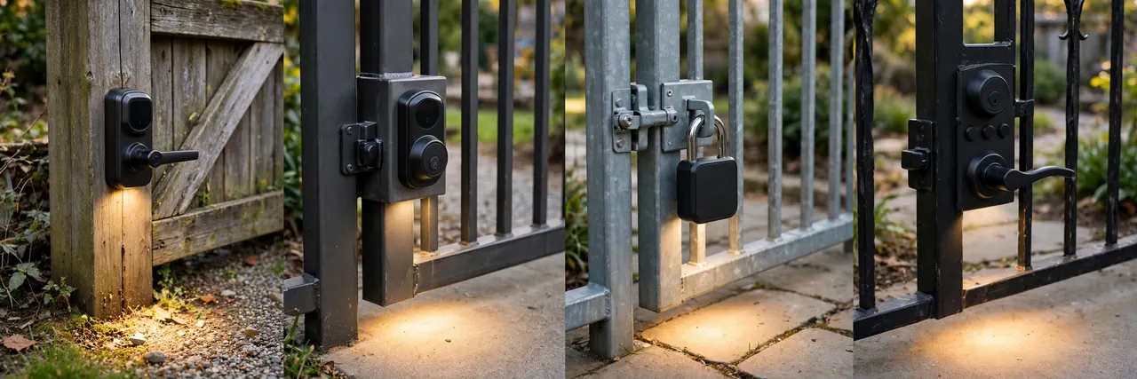 The four gate lock routes side by side: a latch-style smart lock, a deadbolt in a gate box, a smart padlock, and a mechanical keypad lever lock