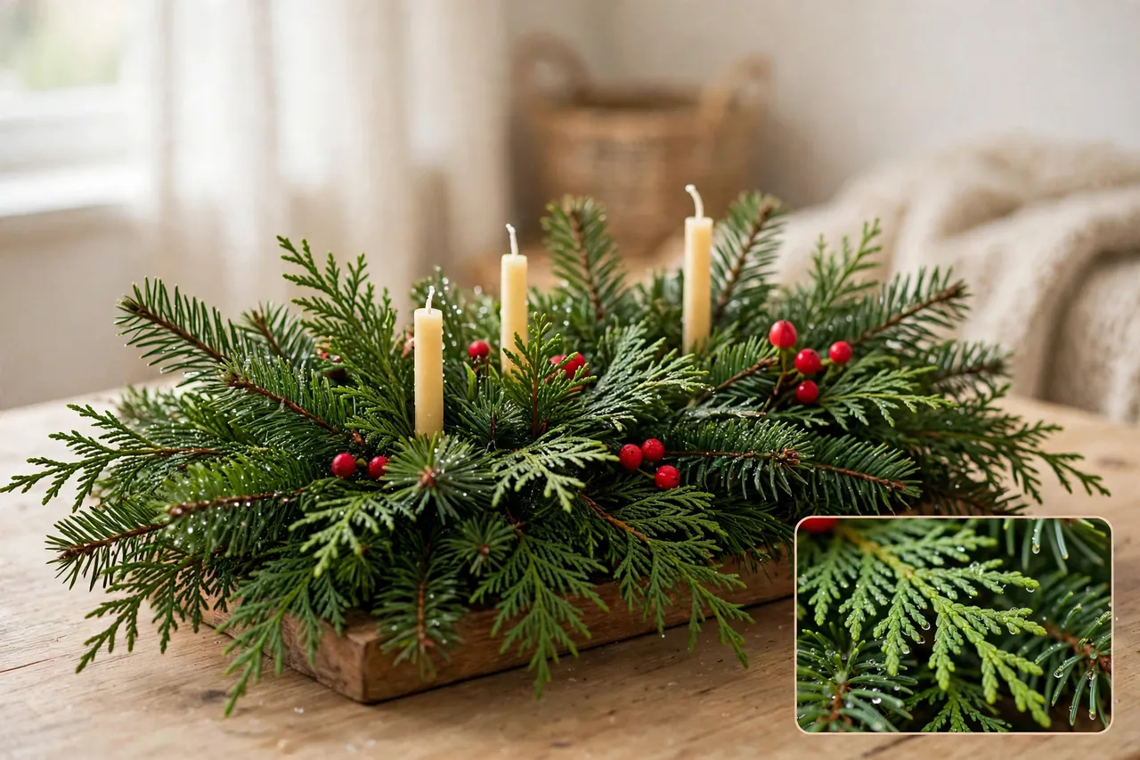 Fresh misted pine and cedar greenery Christmas centerpiece with slim candles and red berries on a low wooden tray, with a close-up inset of dewy fresh cedar and pine needles