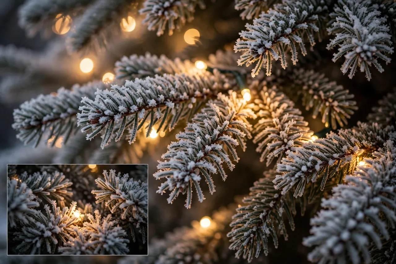 Close view of frosted Christmas tree branches with warm white lights woven deep inside, glowing softly through the snow-dusted needles, with a close-up inset of lights nestled among frosted branches