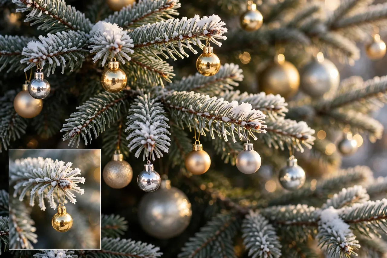 Frosted Christmas tree branches with lightweight metallic baubles in gold, silver and champagne, some frosted tips left bare, with a close-up inset of a tiny gold bauble on a frosted tip