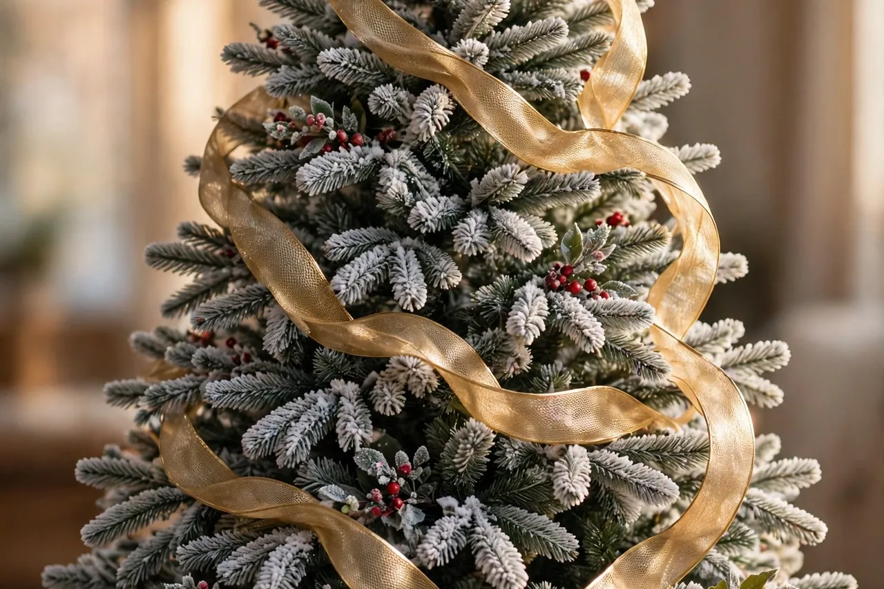 Frosted Christmas tree with a wide gold wired ribbon cascading in loose billows through the snowy branches and red berry picks tucked into gaps