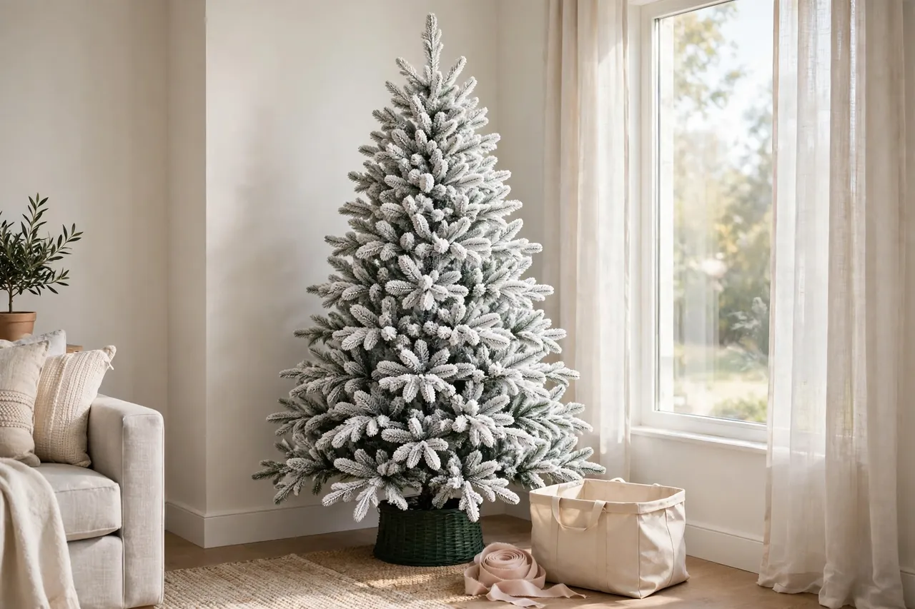 Bare frosted Christmas tree in a bright corner near a window with sheer curtains, a storage bag and ribbon at its base