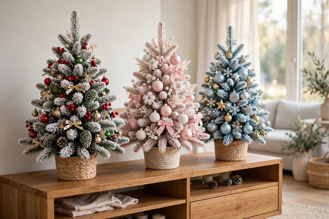 Three small frosted Christmas trees side by side on a wooden console, decorated in traditional red green and gold, soft blush pink and white, and icy blue silver and gold