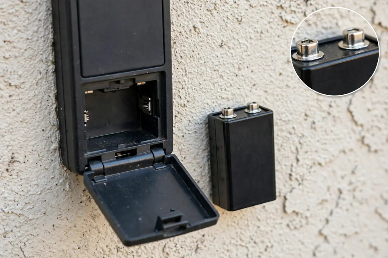 Garage door keypad with its battery cover open and a fresh 9-volt battery beside it, with an inset of clean battery terminals
