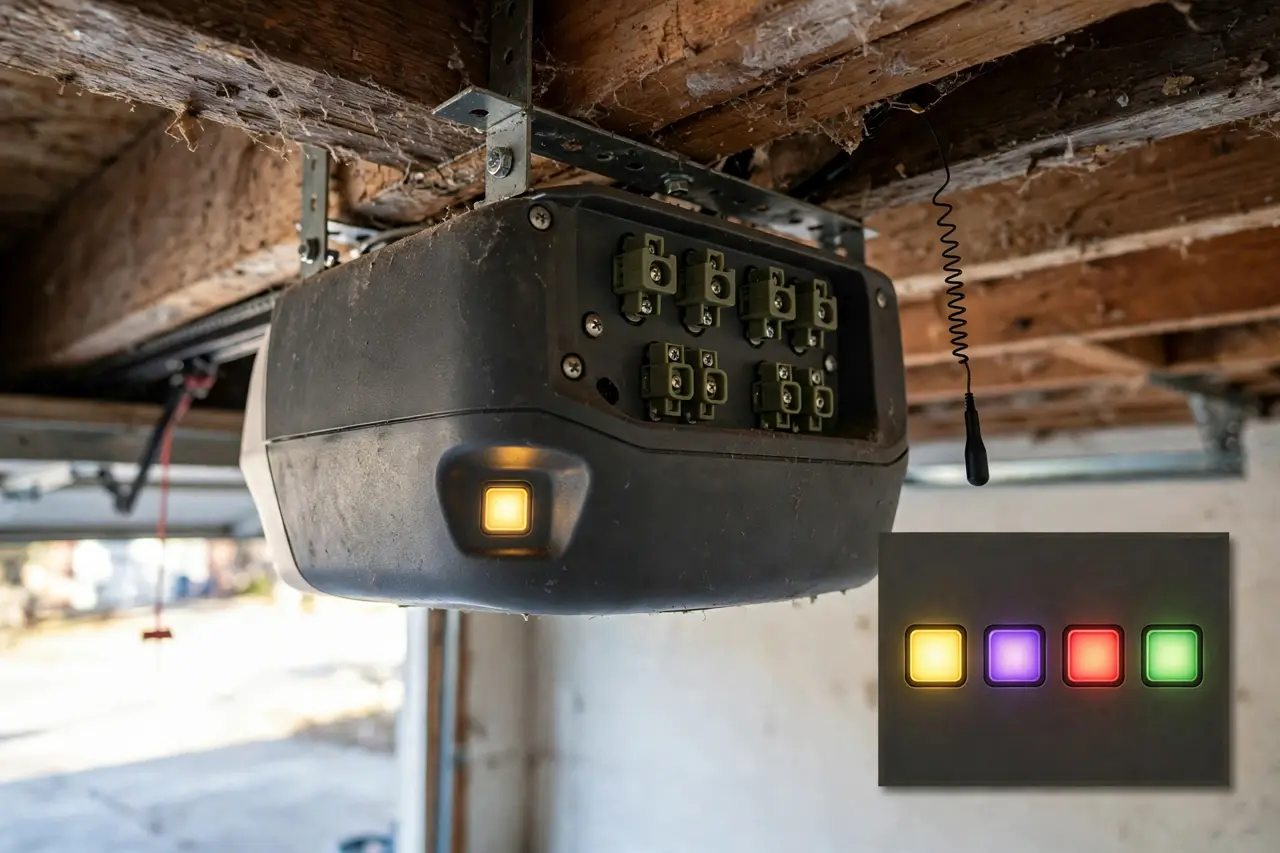 The back of a garage door opener showing its colored Learn button, with an inset of the four Learn button colors