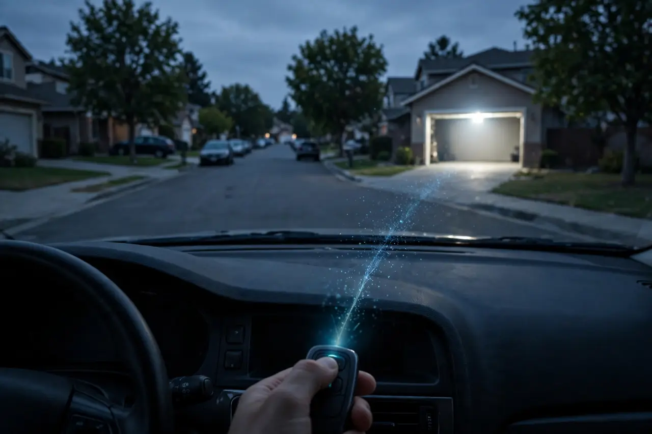A remote pressed from far down the street with its signal glow fading before it reaches the garage