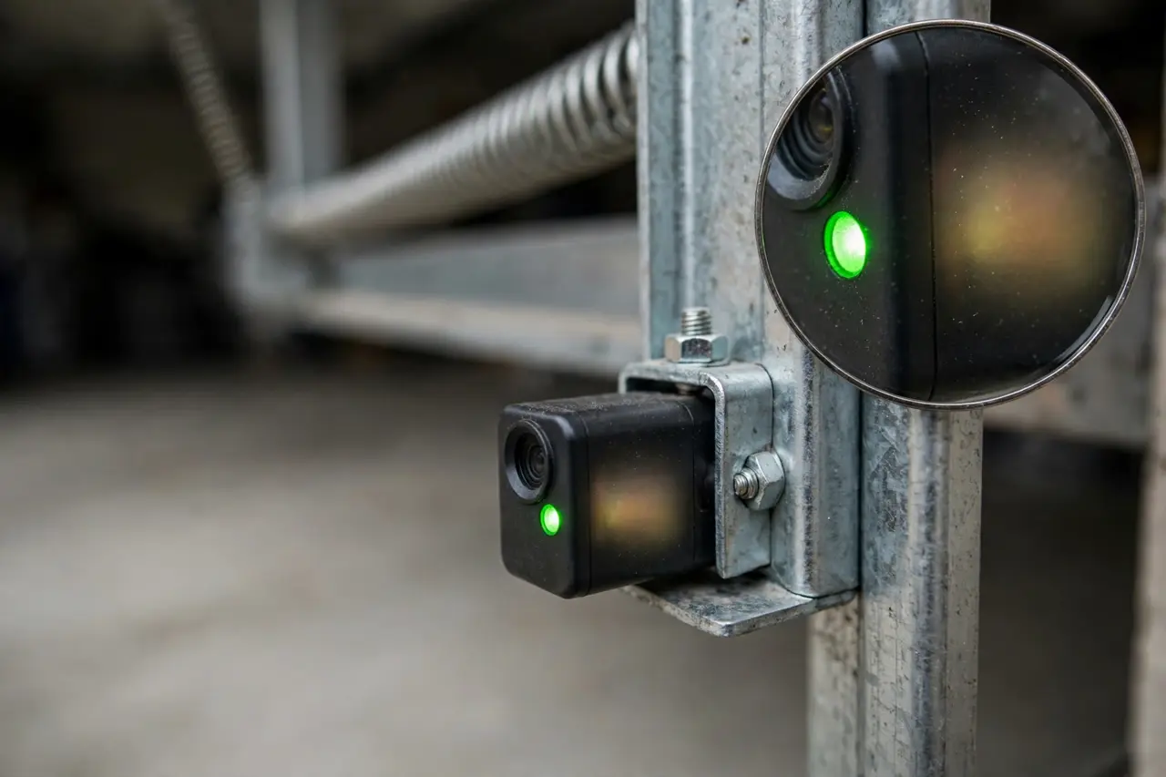 Close-up of a garage door receiving sensor with its indicator light glowing solid