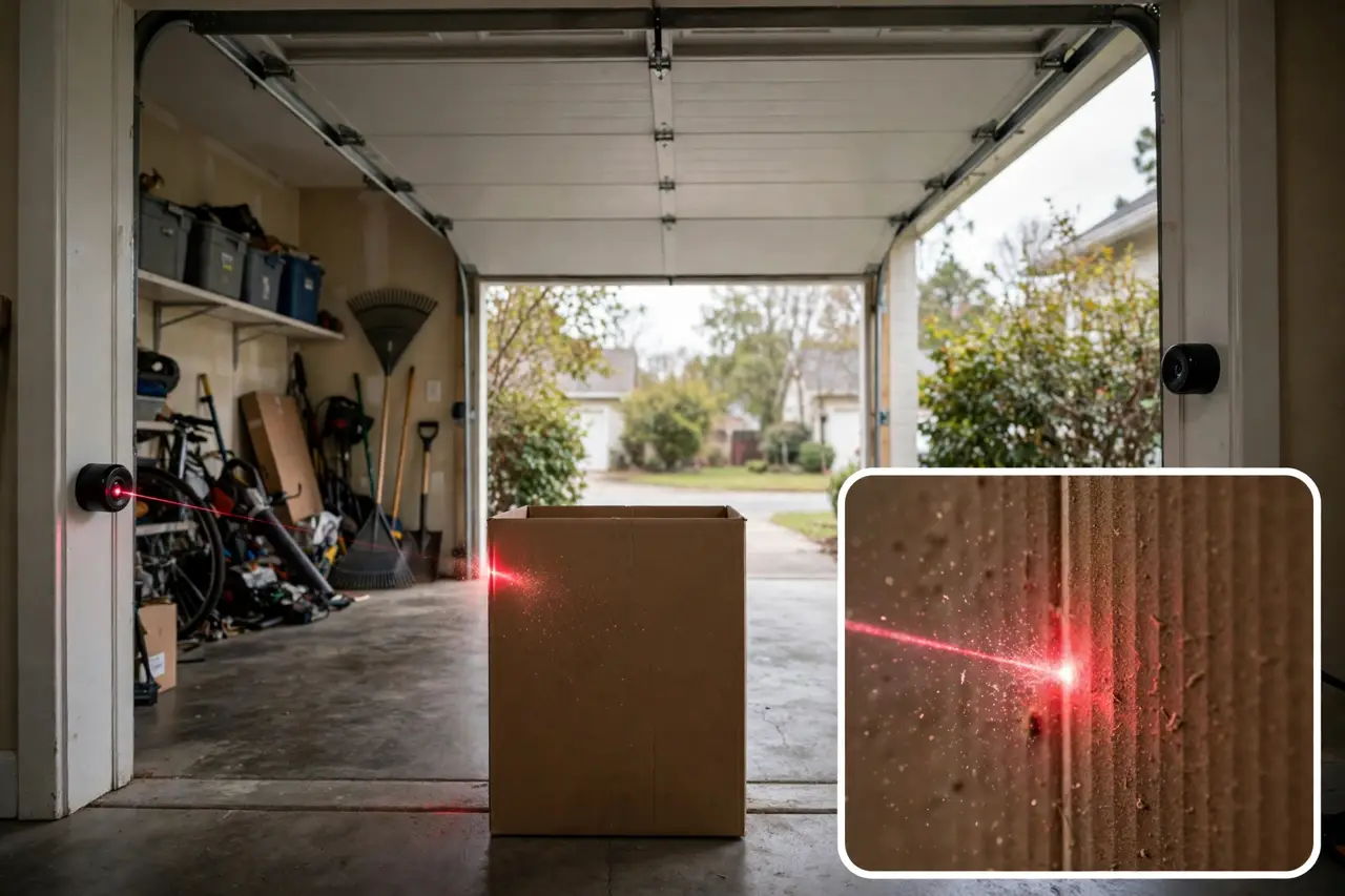 Cardboard box blocking the garage door sensor beam during the obstruction safety test