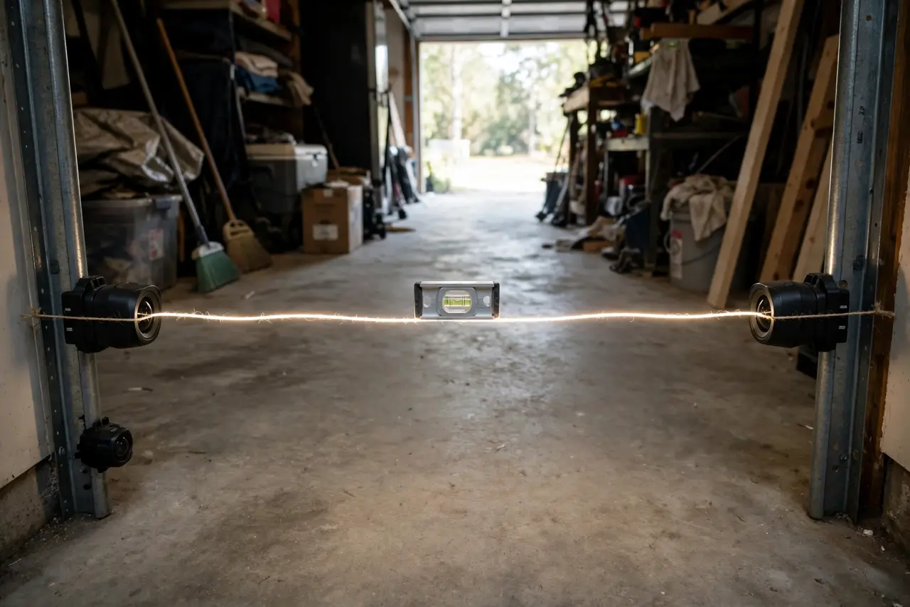 String and level stretched between two garage door sensors to match their heights