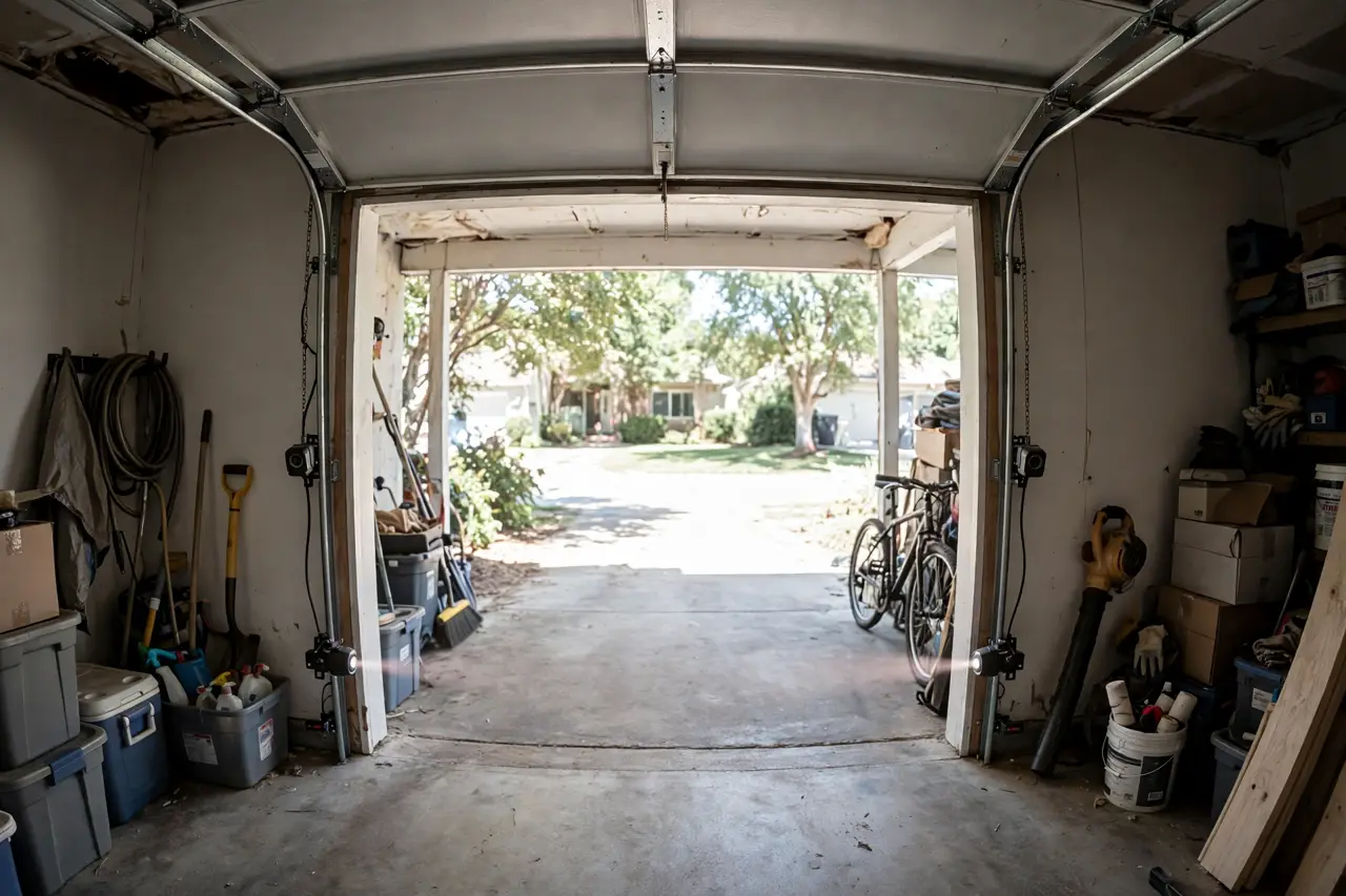 Garage door photo-eye sensors sending an infrared beam across the door opening