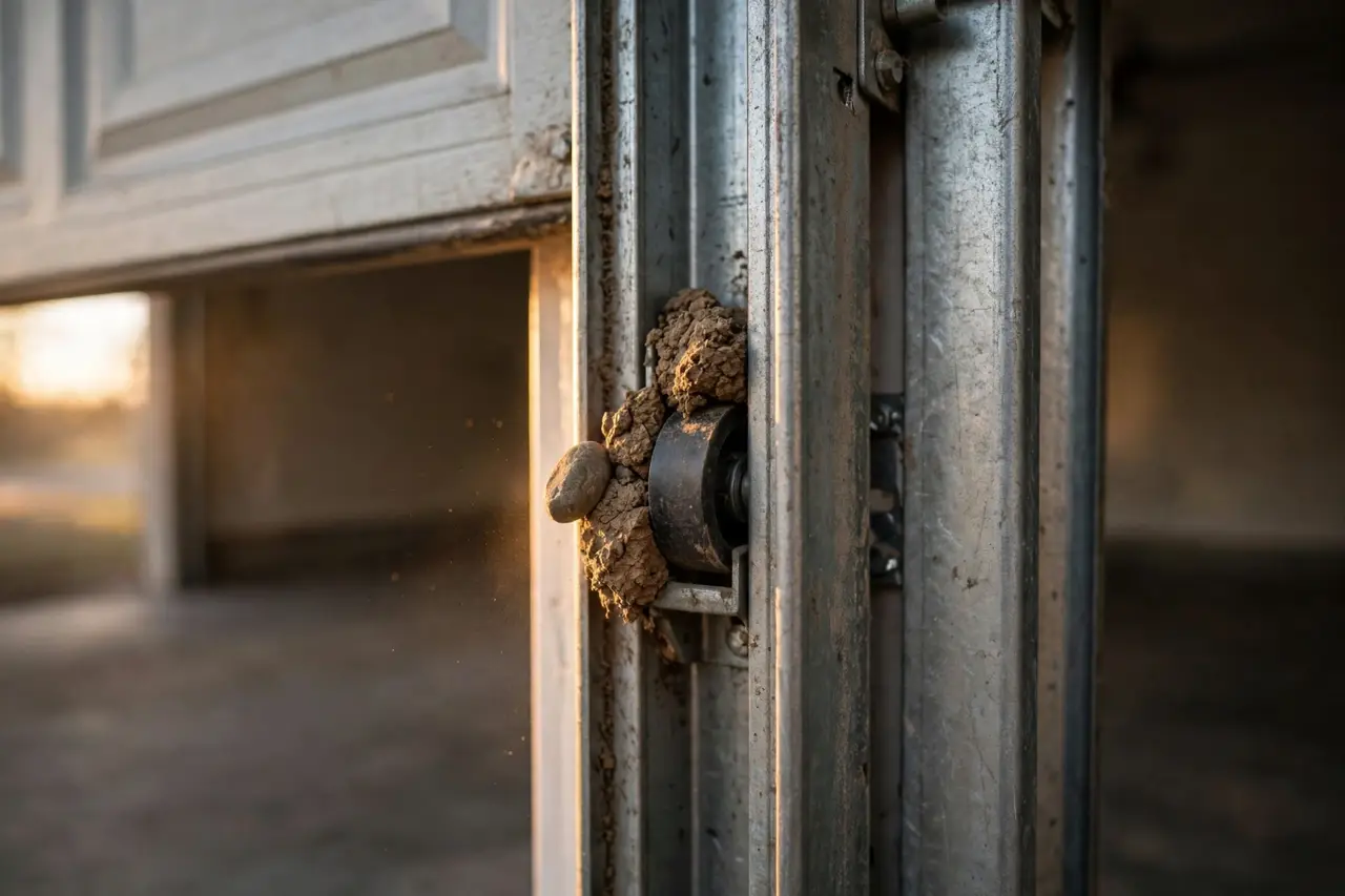 A pebble and hardened dirt wedged beside a roller in a garage door track, softly highlighted