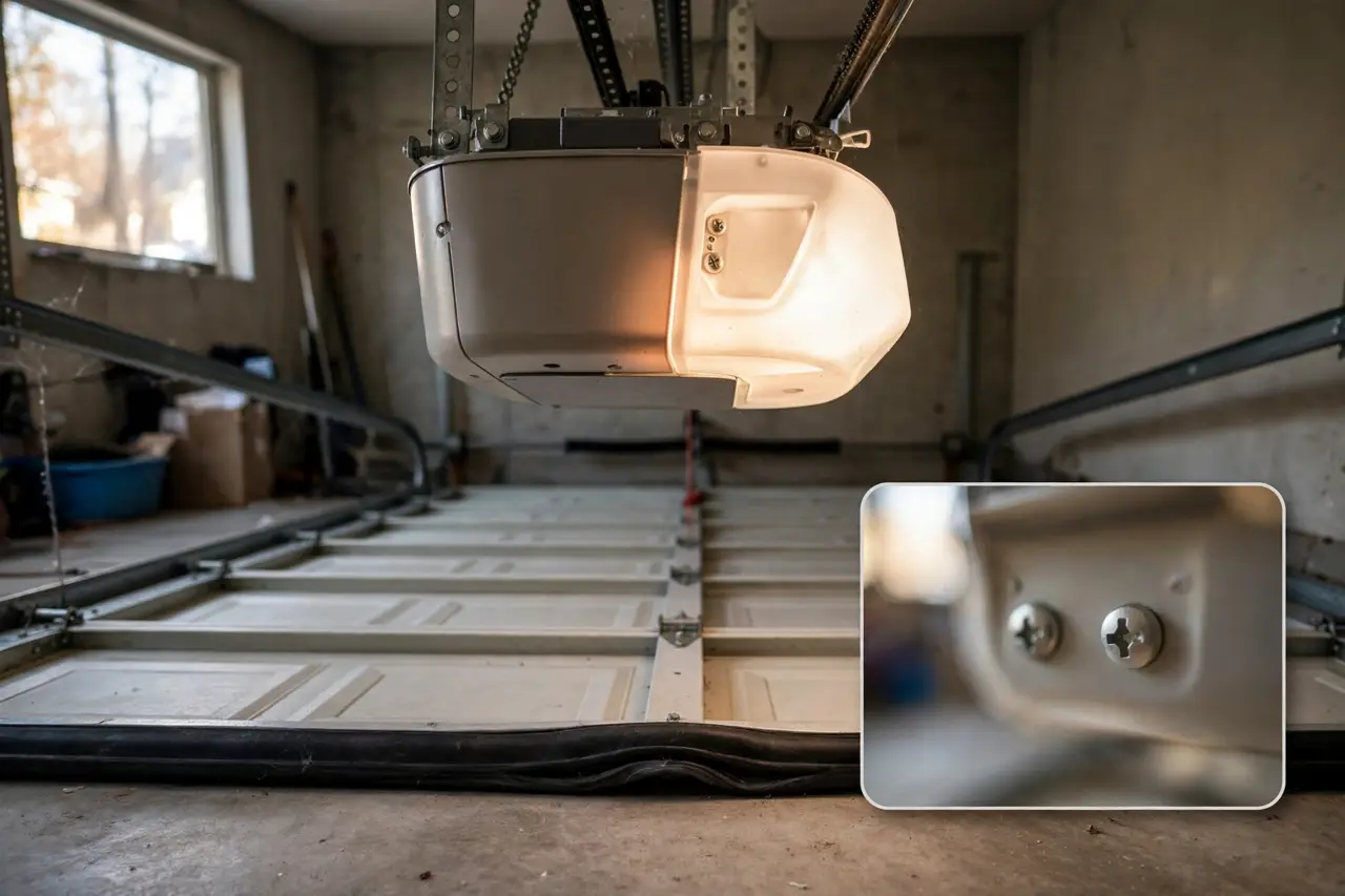 A garage door opener motor head from below with its travel adjustment area highlighted and the door seal compressing on the floor