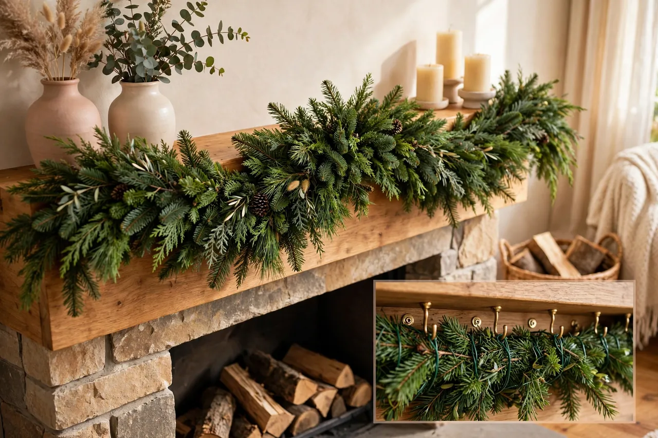 Full, evenly supported evergreen garland on a wooden mantel kept clear of the firebox, with a magnified inset showing evenly spaced hooks holding the garland