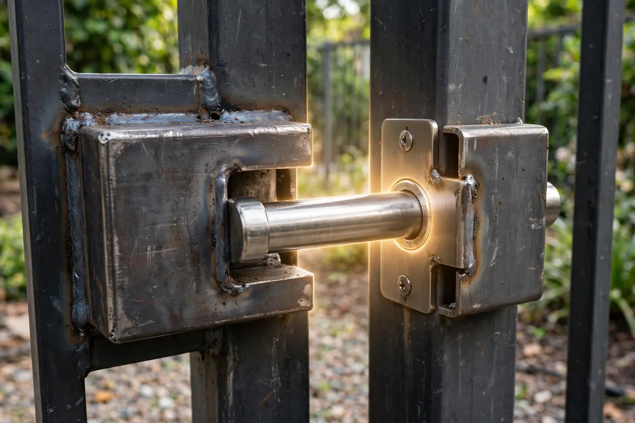 A deadbolt in a welded steel gate box crossing the gate gap and landing into its keeper, glowing where bolt meets keeper