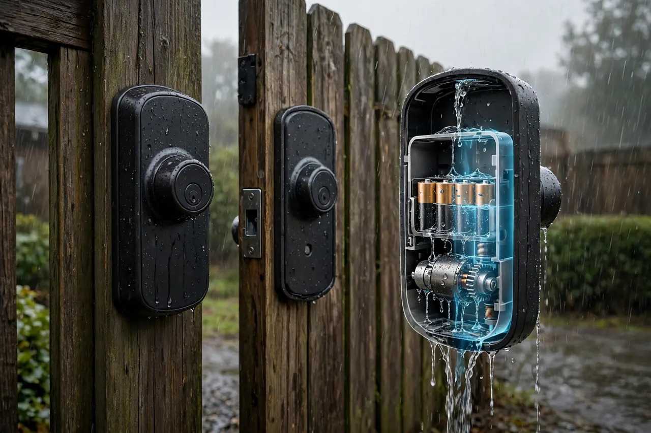 A house smart lock on a gate in the rain, its inside half cut away to show rainwater reaching the batteries and motor