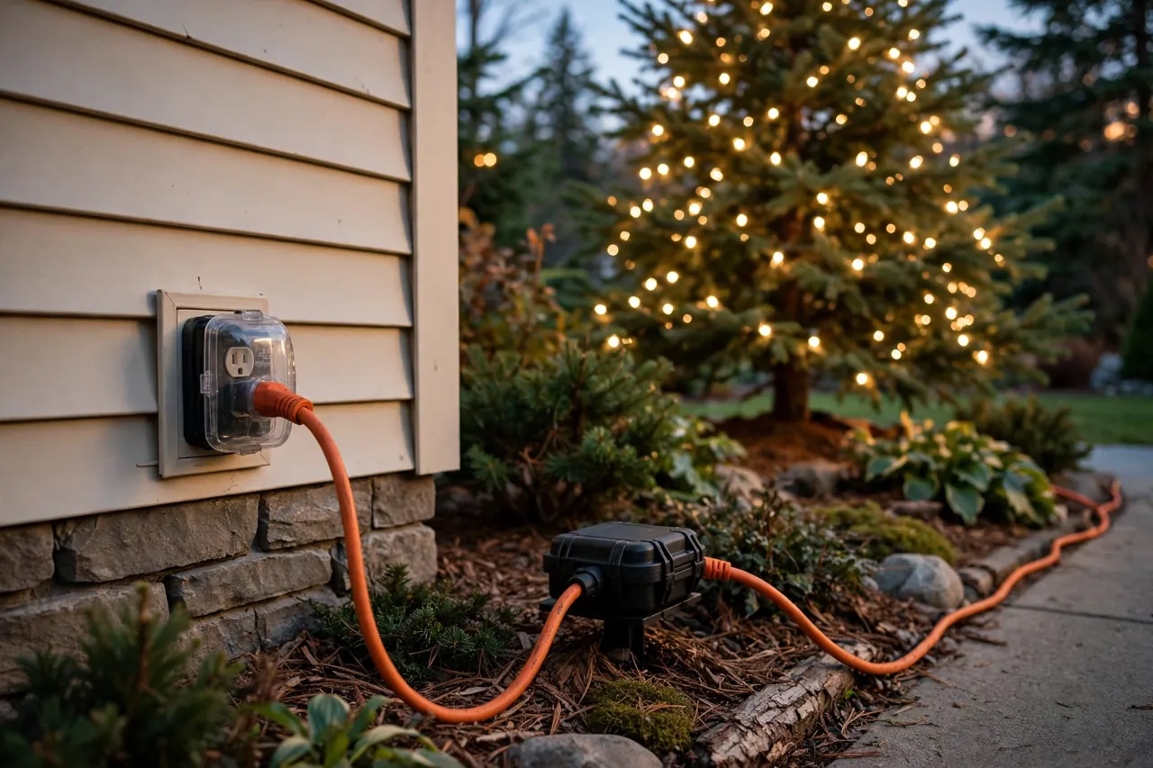 A weatherproof outdoor outlet with a clear cover and an orange outdoor extension cord running to a covered connection box, with a warmly lit outdoor Christmas tree behind it at dusk
