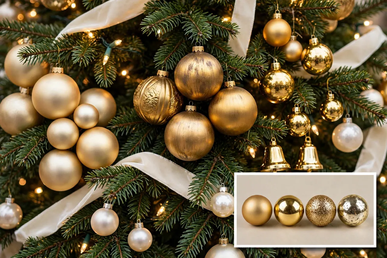Close-up of champagne, antique and bright gold ornaments in matte, glossy, glitter and mercury glass finishes with ivory ribbon on green branches, plus a magnified inset of the four finishes