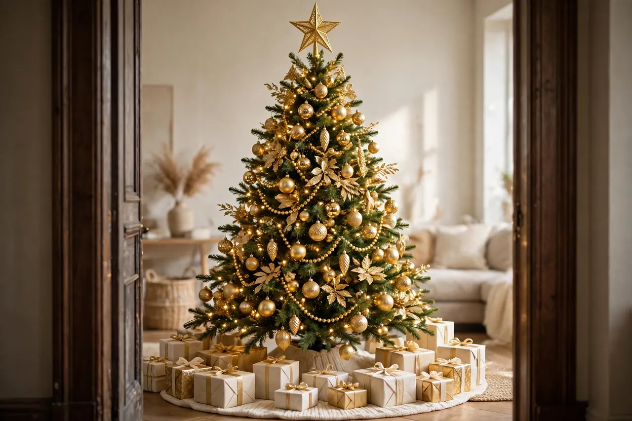 Gold Christmas tree seen from a doorway with a large gold star topper, gold ornaments and warm lights, and a cream tree skirt with gifts wrapped in cream, ivory and gold