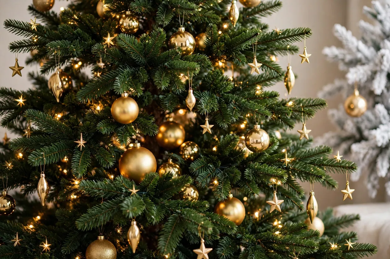 Deep green Christmas tree decorated with gold baubles, stars and teardrops under warm white lights, with a flocked white tree with a gold ornament softly visible in the background