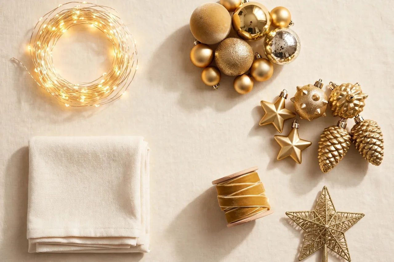 Flat lay of gold tree shopping items on a cream table: coiled warm white fairy lights, gold baubles in mixed finishes, gold stars and pinecones, a spool of gold velvet ribbon, a gold star topper and a folded cream tree skirt