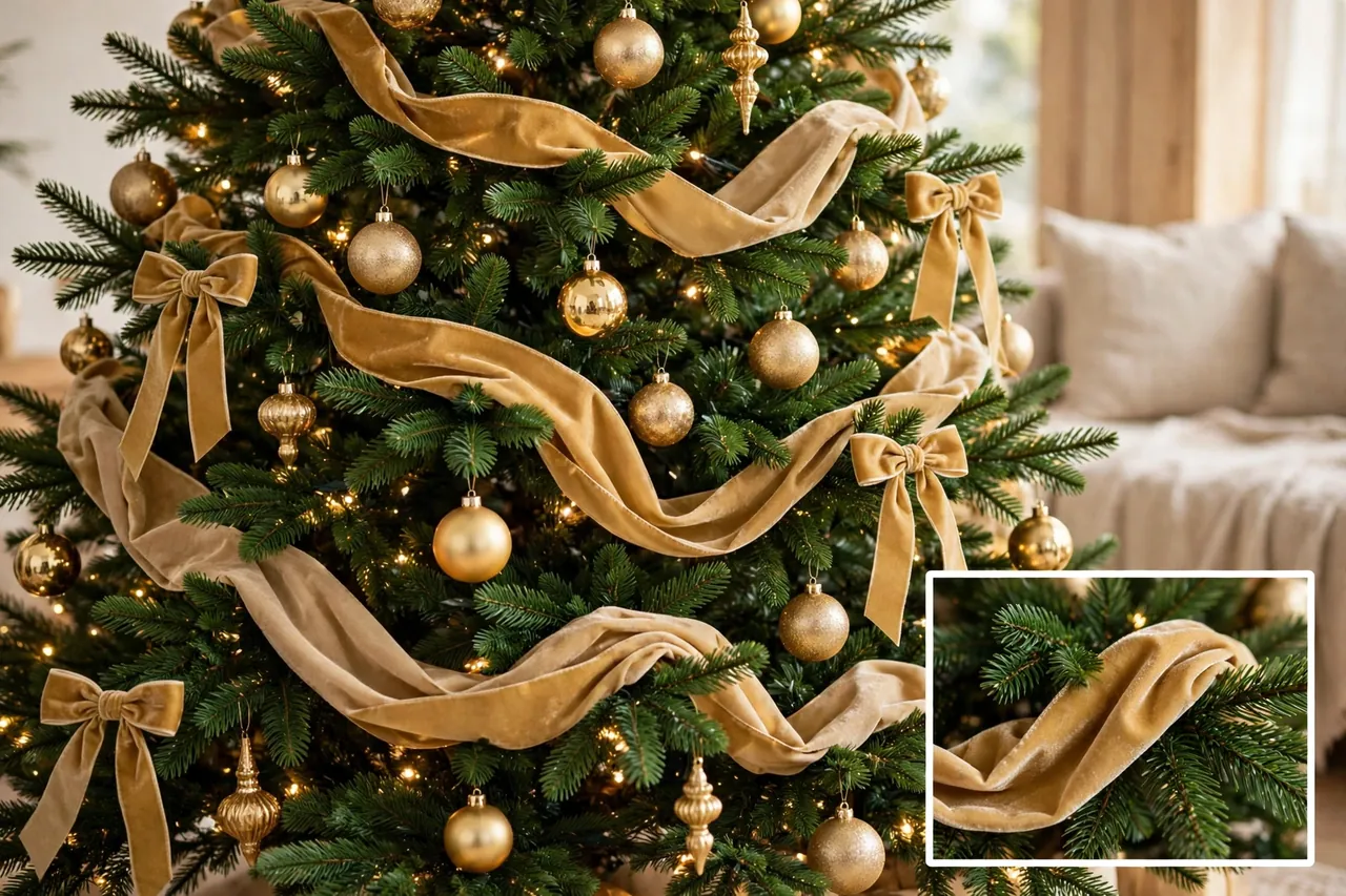 Gold velvet ribbon woven in loose waves through a Christmas tree with matching gold bows at branch tips, gold ornaments and warm lights, plus a magnified inset of ribbon tucked into a branch
