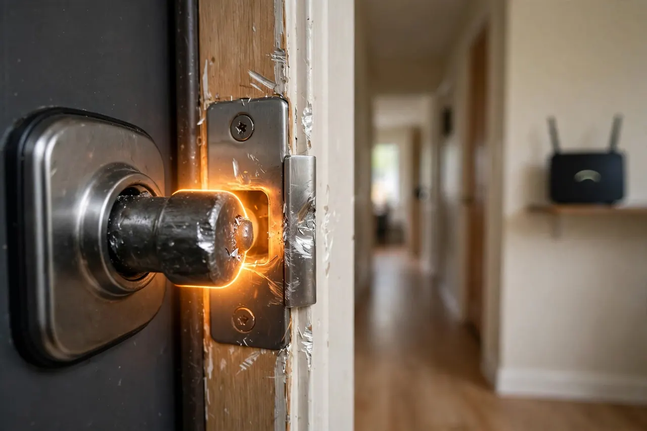 A smart lock bolt scraping a scarred, misaligned strike plate, glowing at the rub point: a binding bolt makes the motor strain and drains the battery