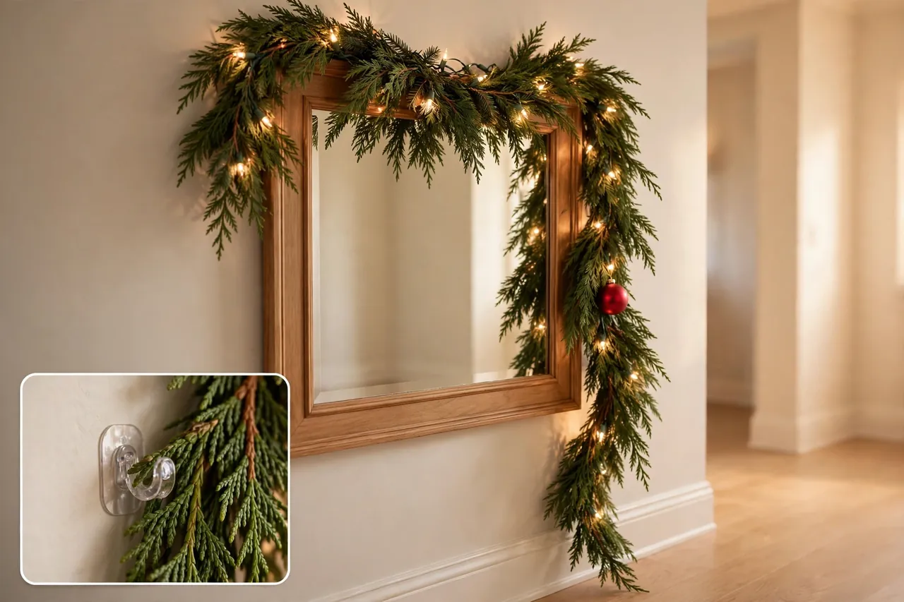 Cedar garland draped around a hallway mirror with warm fairy lights woven through, hanging from a discreet adhesive hook, floor kept clear