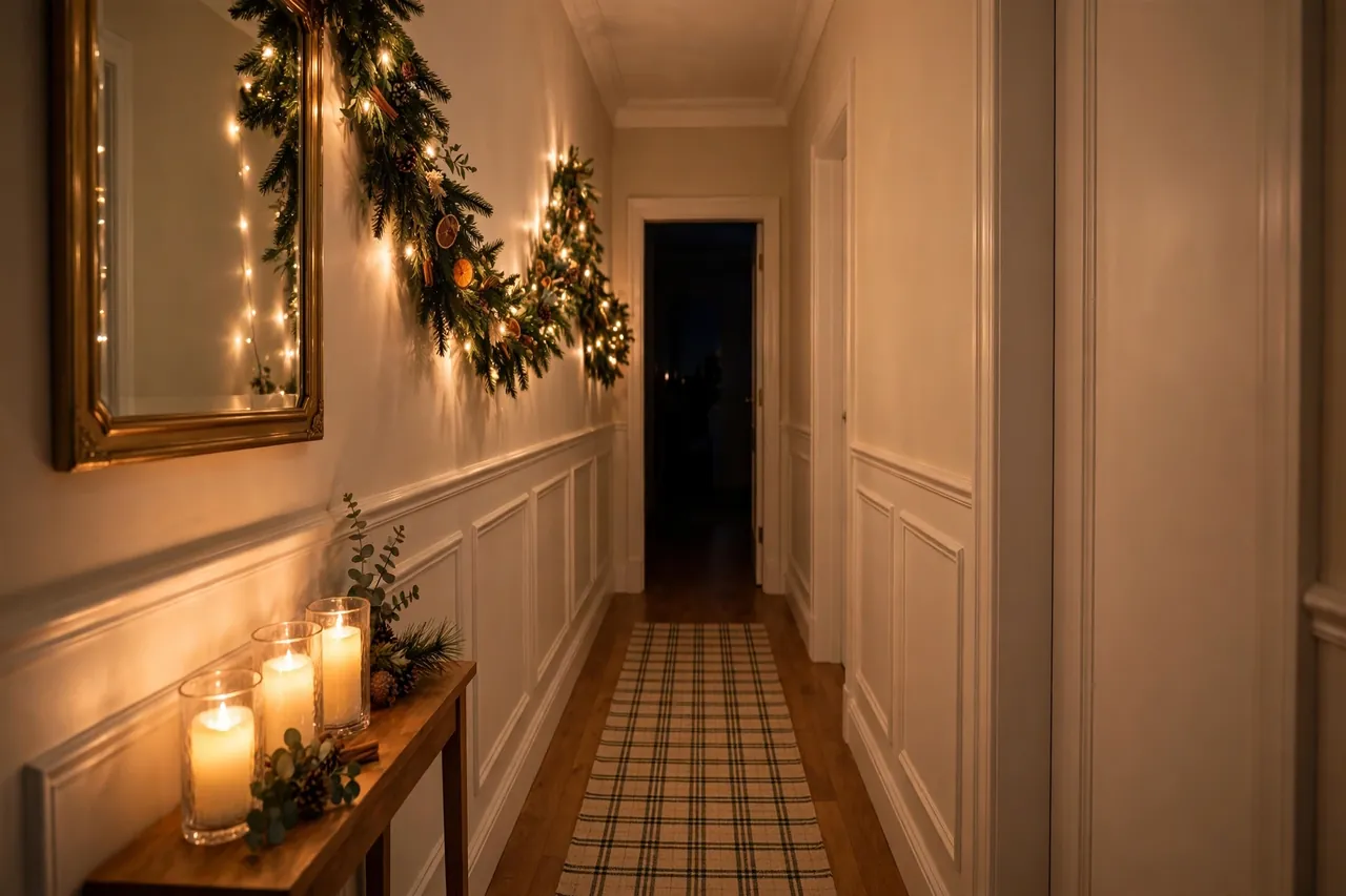 Christmas hallway at night with a clear walkway, flat runner rug, warm lights along wall garland, no cords on the floor, and flameless candles