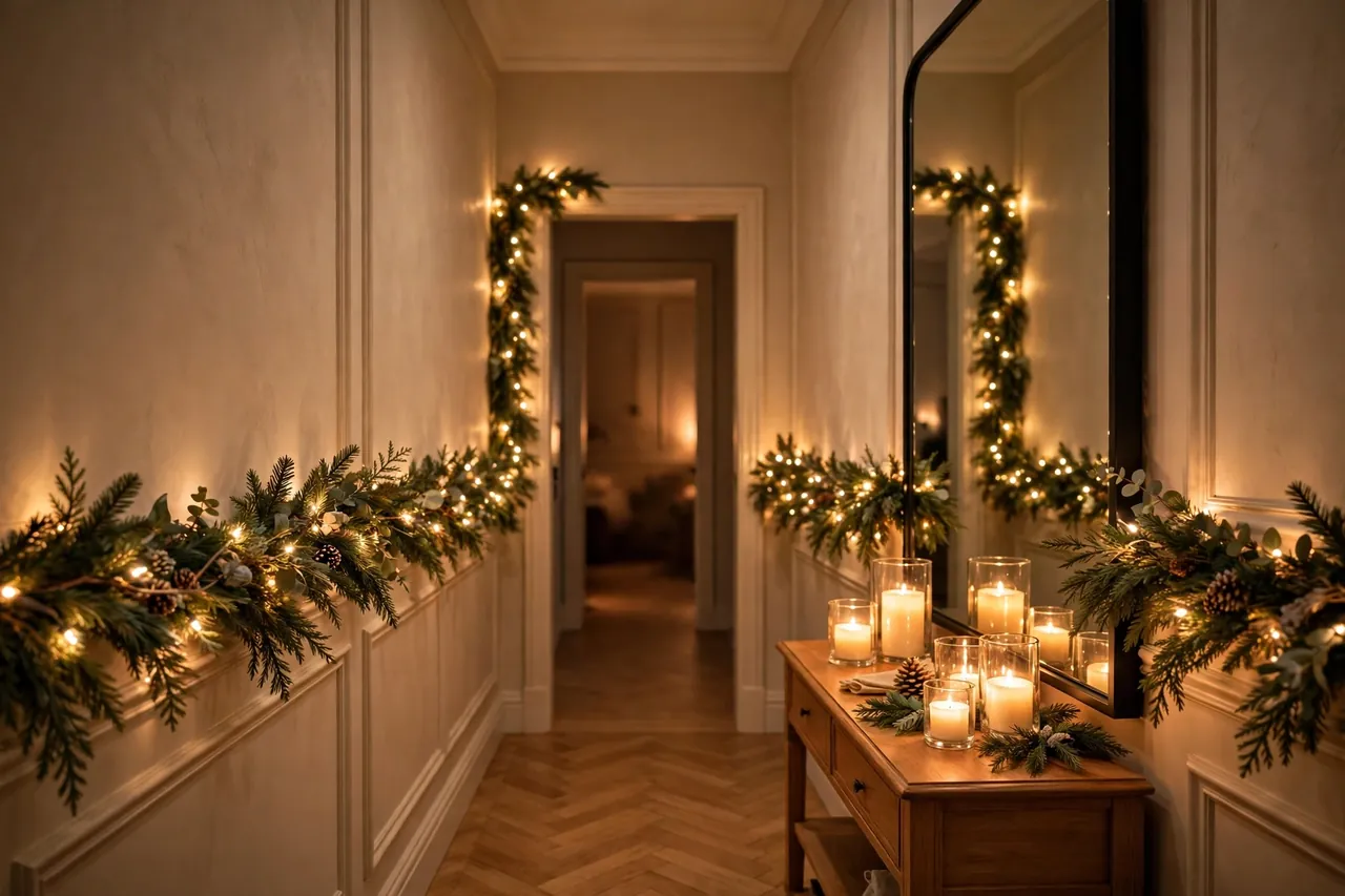 Narrow Christmas hallway glowing with warm white LED fairy lights in wall garland, a mirror bouncing the light, and flameless candles on a console